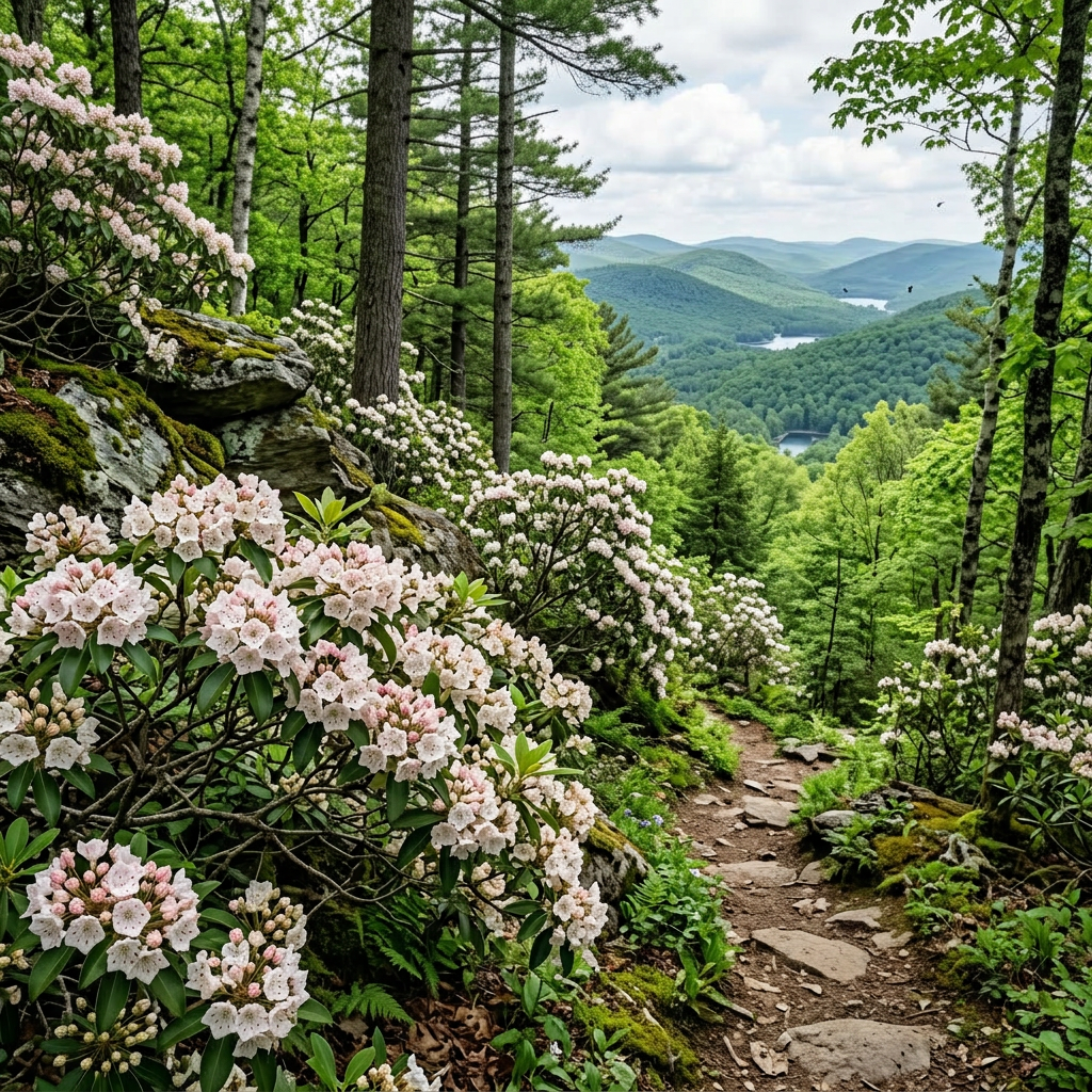 Mountain hiking trail with pink and white flowers, green trees, and distant hills with lakes.