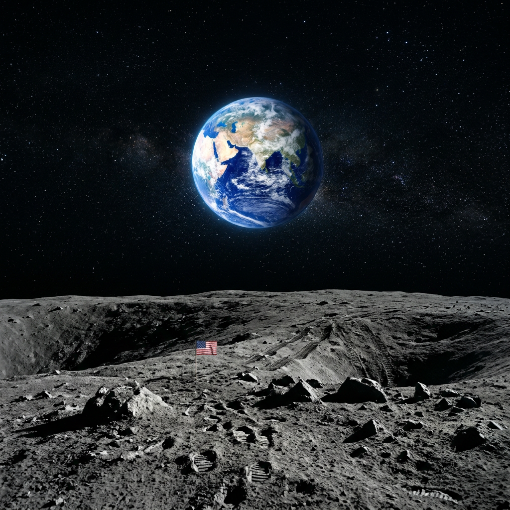 Earth seen from moon surface with American flag and astronaut footprints