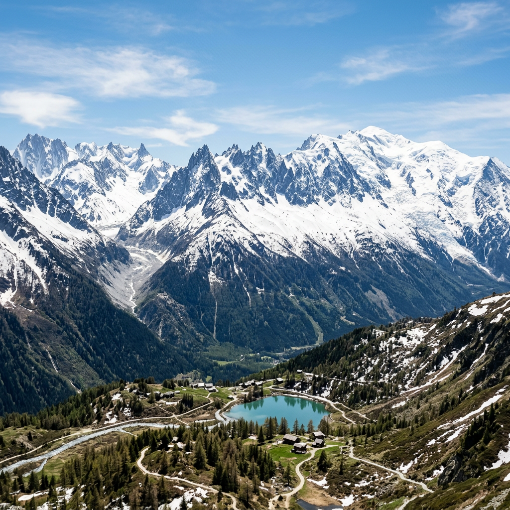 Snow-covered mountain range with a small turquoise lake and alpine village in the valley below
