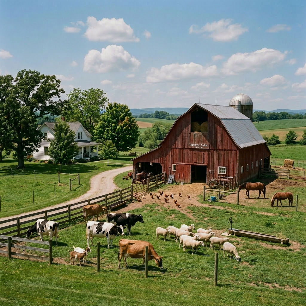 Traditional farmstead with animals and barn Red barn labeled Sunrise Farm with cows, sheep, chickens, horses, and farmhouse on green farmland