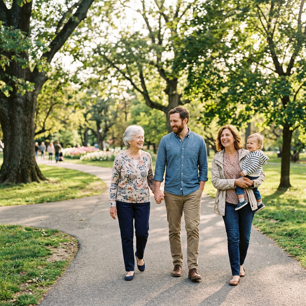 Older woman, middle-aged man, woman carrying baby walking in park