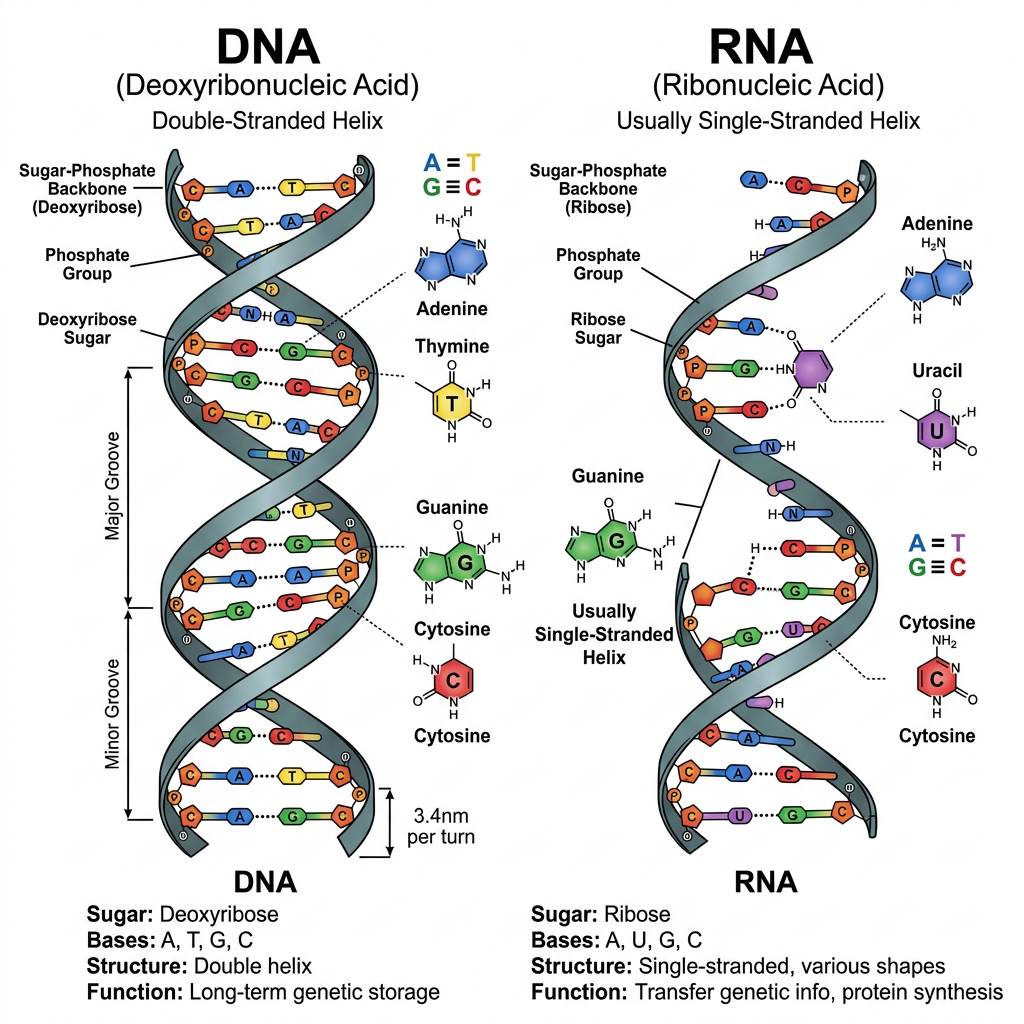 Side-by-side diagrams of DNA double helix and RNA single helix with labeled components and base pairings
