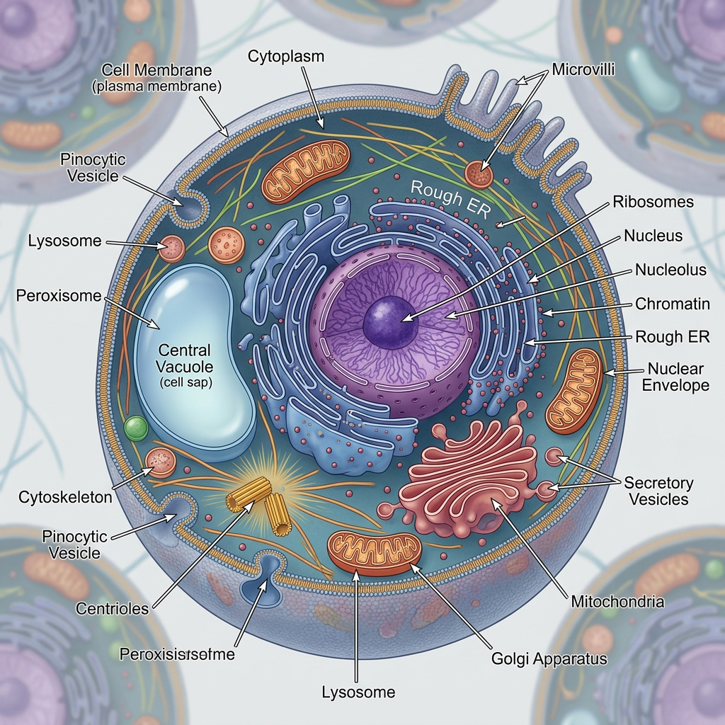 Labeled diagram showing plant cell organelles including nucleus, mitochondria, chloroplasts, and vacuole