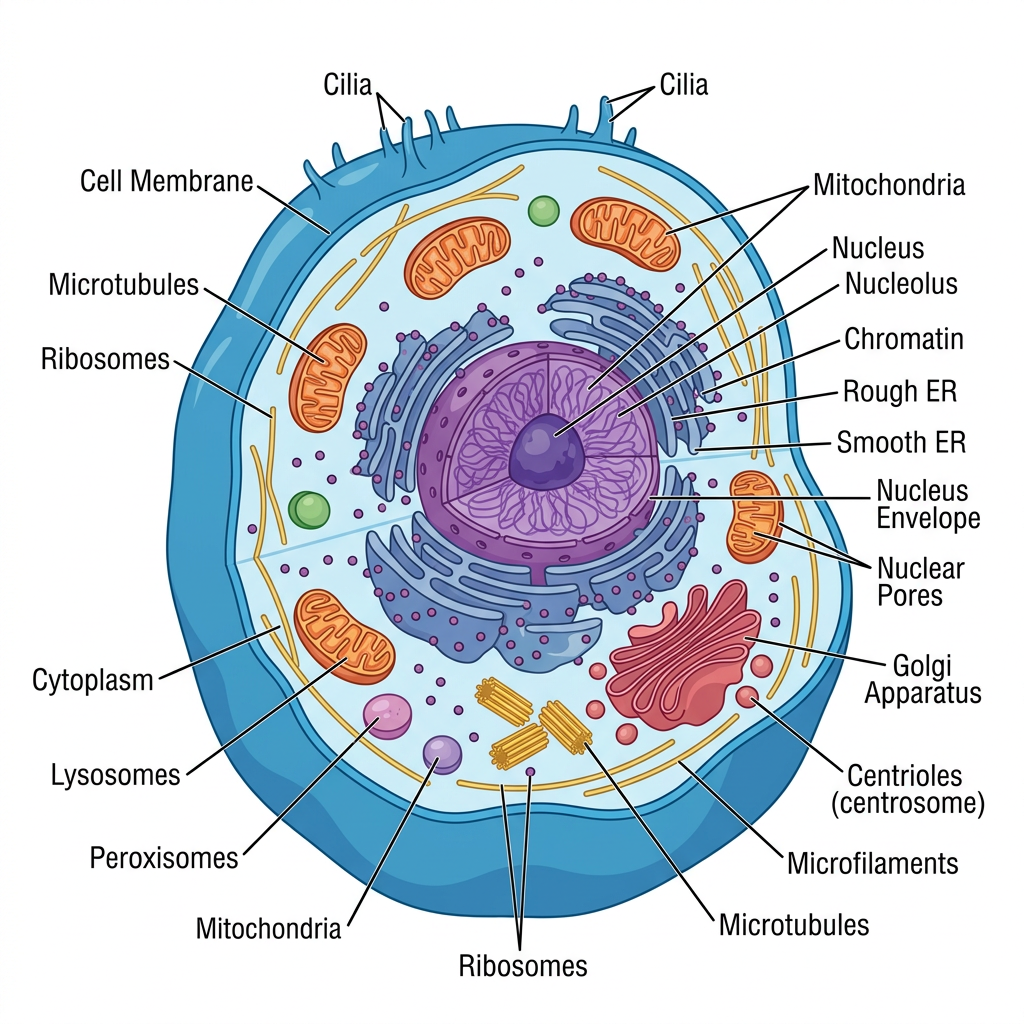Illustration of animal cell labeled with organelles including nucleus, mitochondria, Golgi apparatus, lysosomes, and cilia